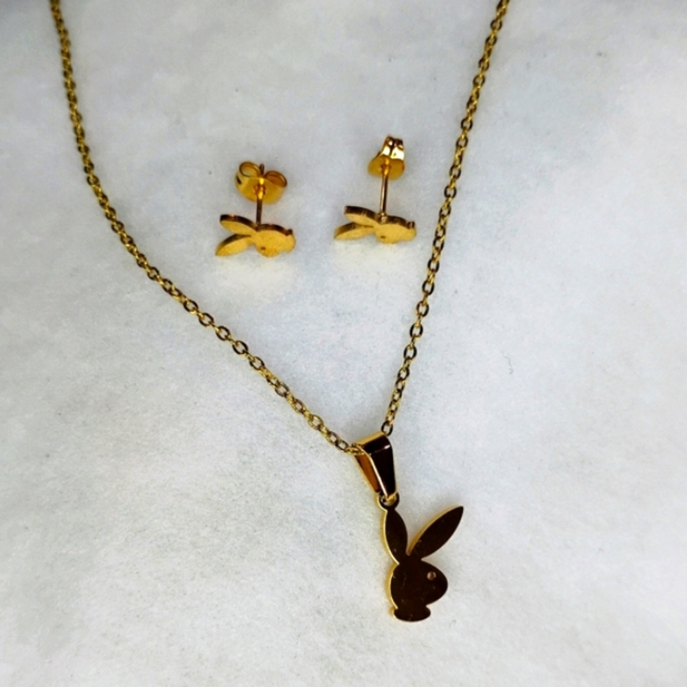 Gold Bunny Pendant Necklace and Earrings Set - Picture 3 of 3